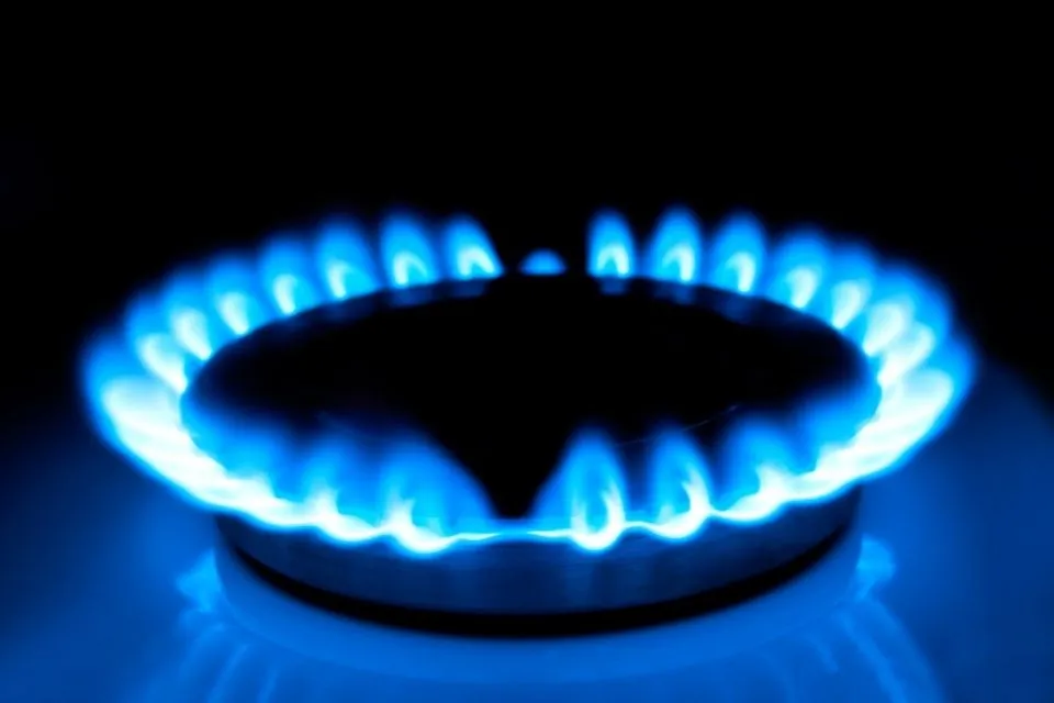 Blauwe vlammen van een gasbrander tegen een donkere achtergrond